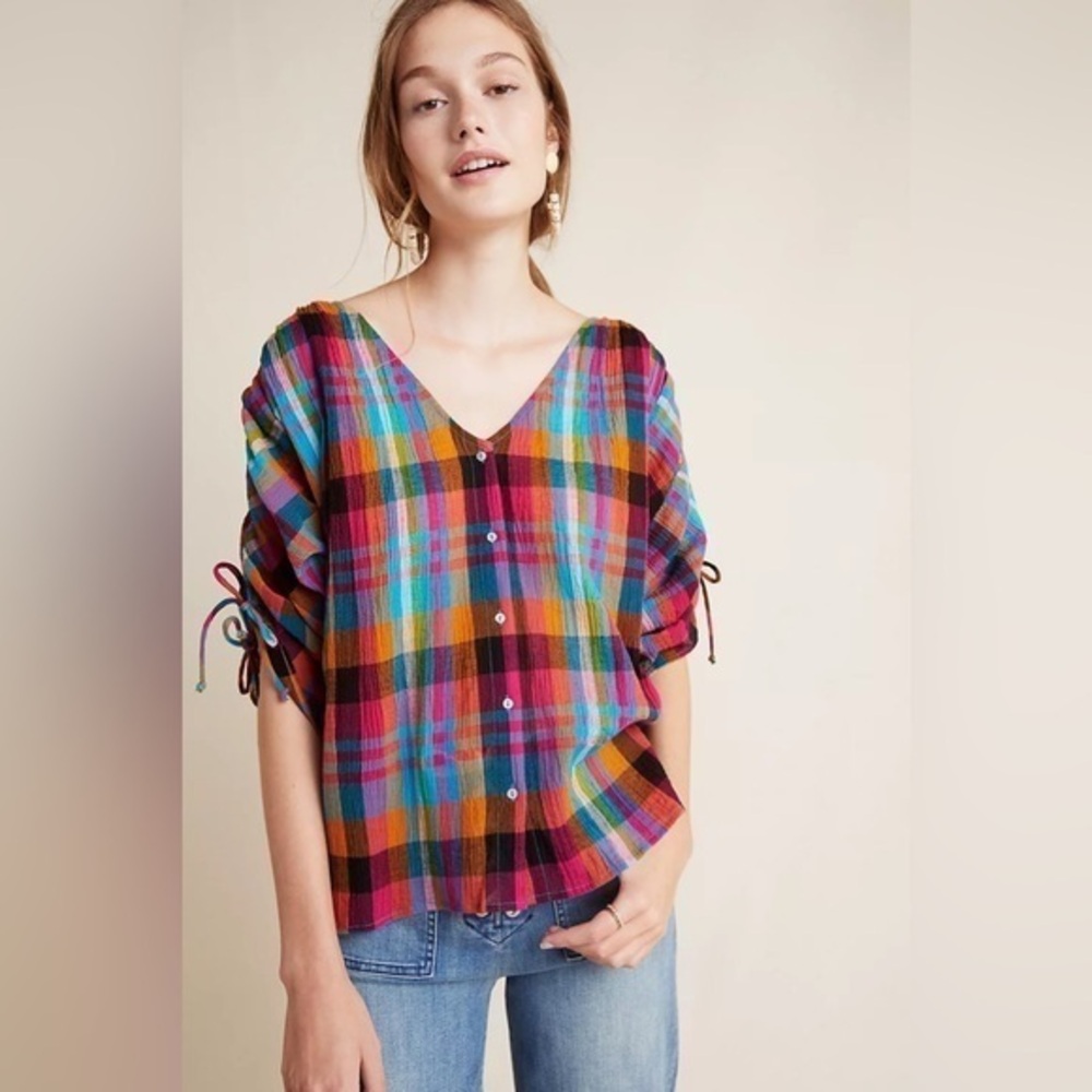 Maeve Anthropologie Amelia button front plaid drawstring ruched tie sleeves top